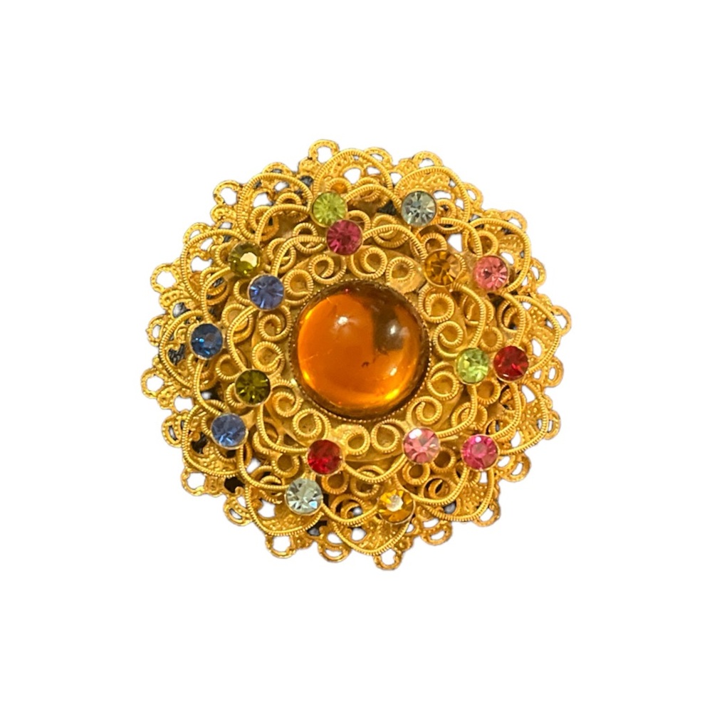 Colorful Gold Toned Rhinestone Filigree Brooch